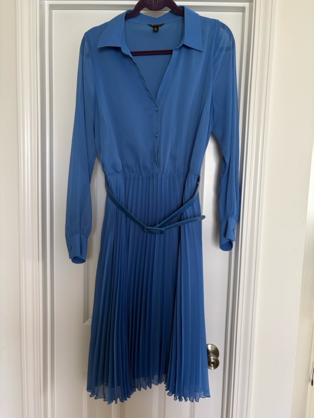Versona Sky Blue Pleated Long Sleeve Shirt Dress with Waist Tie